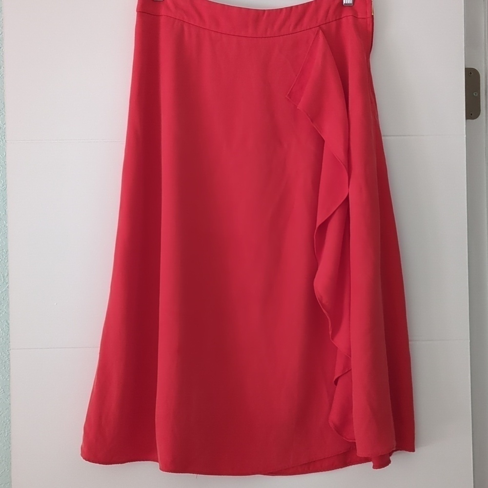 J..crew 365 Red Ruffle Side Midi Lined Skirt A Line sz 10 Christmas Holidays